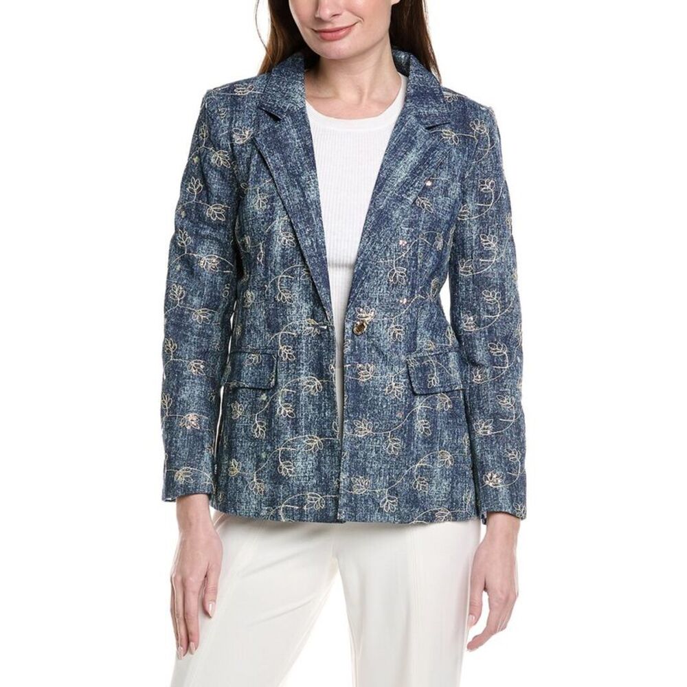Gracia Womens  Flower Embroidered Denim Blazer, Blue